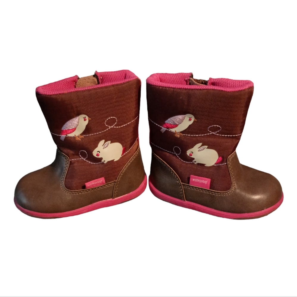 See Kai Run Baby Girl Boots 5 Mizuki Brown Pink Waterproof Embroidered